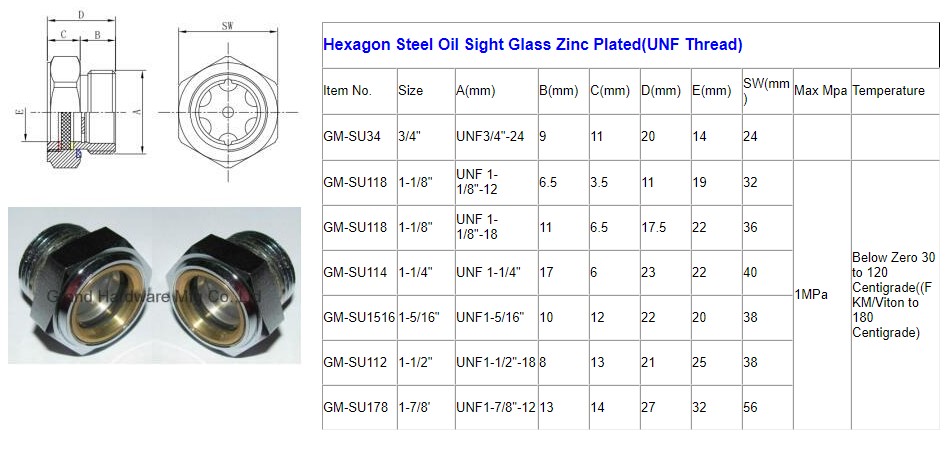 Hexagon Steel Oil Sight Glass Zinc Plated (UNF Thread).jpg